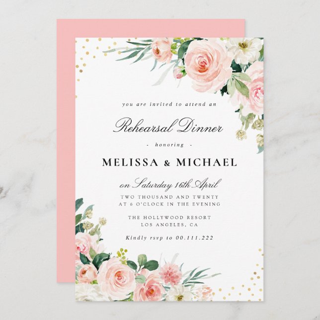 Modern blush floral rehearsal dinner invitation (Front/Back)