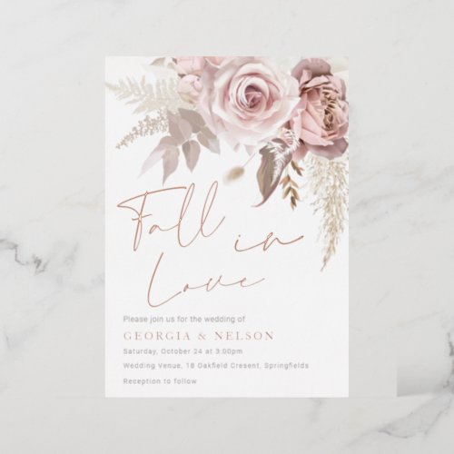 Modern Blush Floral Rose Gold Fall In Love Wedding Foil Invitation