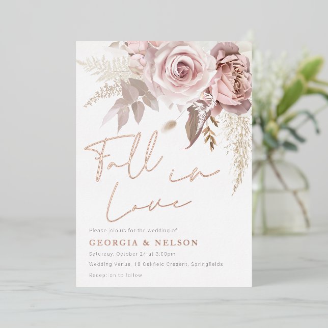 Modern Blush Floral Rose Gold Fall In Love Wedding Foil Invitation (Standing Front)
