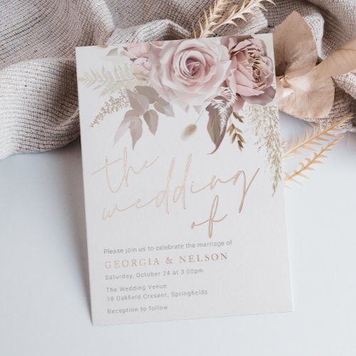 Modern Blush Floral Rose Gold The Wedding of Foil Invitation