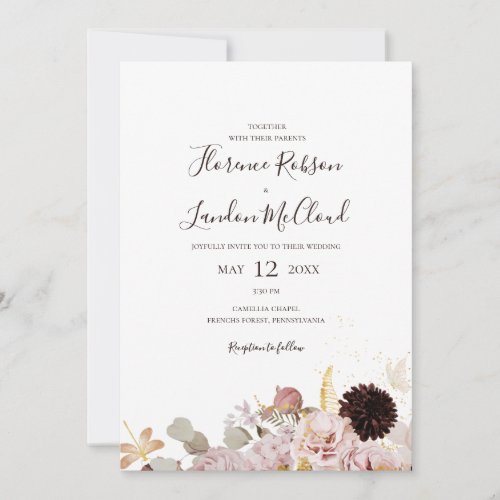 Modern Blush Floral  Simple All In One Wedding Invitation