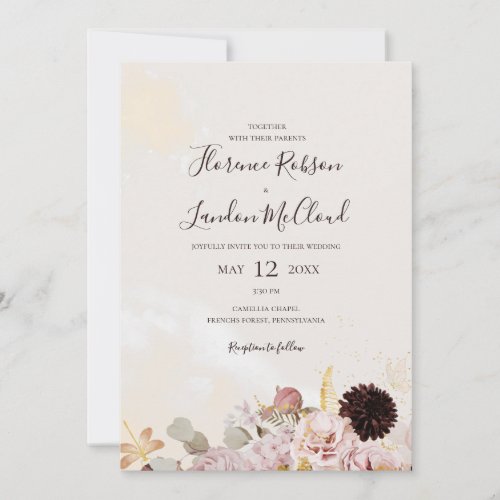 Modern Blush Floral  Simple Casual Marble Wedding Invitation