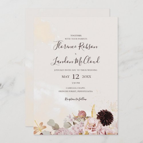 Modern Blush Floral  Simple Casual Marble Wedding Invitation