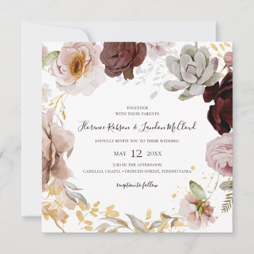 Modern Blush Floral  Square Wreath Wedding Invitation