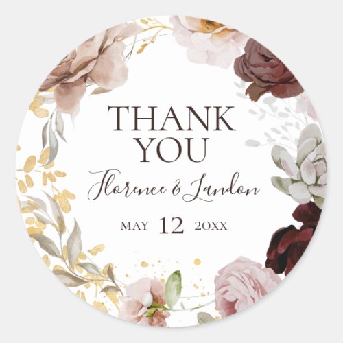 Modern Blush Floral  Thank You Wedding Favor Classic Round Sticker