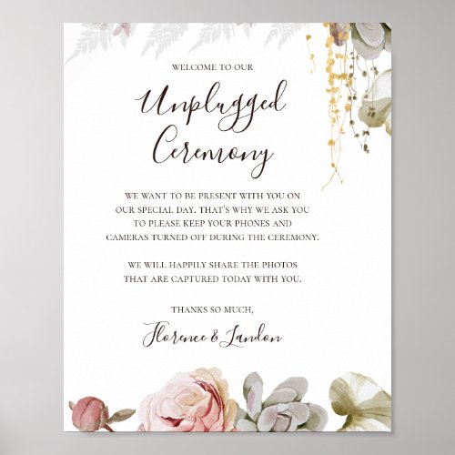 Modern Blush Floral  Unplugged Ceremony Poster