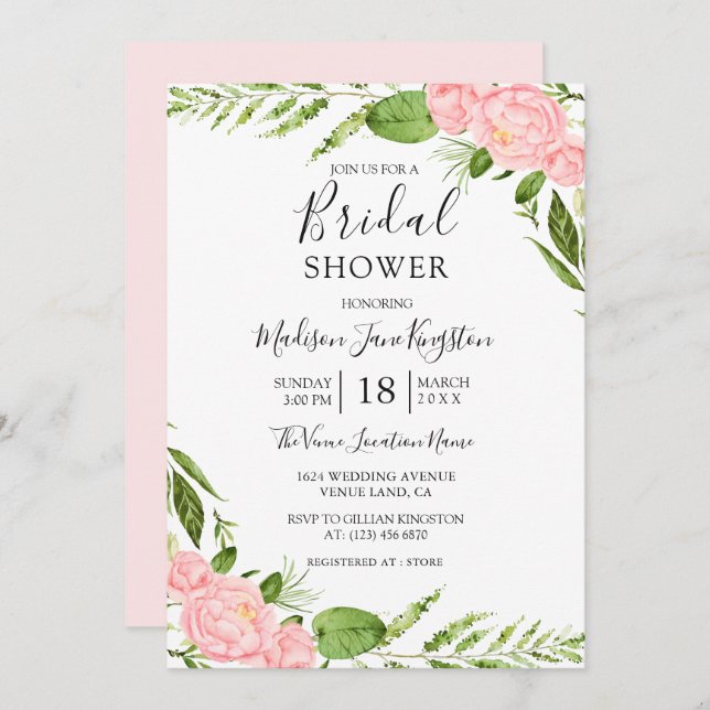 Modern Blush Floral Watercolor Bridal Shower Invitation (Front/Back)