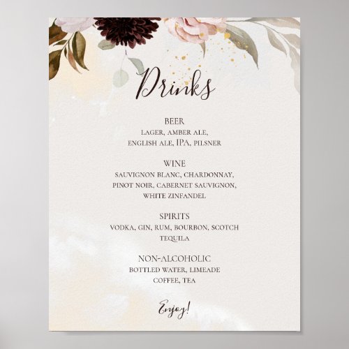 Modern Blush Floral  Watercolor Drinks Menu Poster