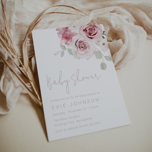 Modern Blush Floral Watercolor Roses Baby Shower Invitation