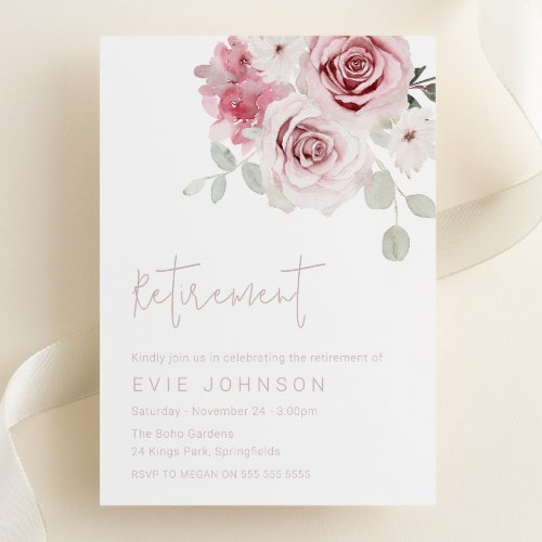 Modern Blush Floral Watercolor Roses Retirement Invitation