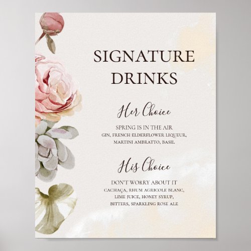 Modern Blush Floral Watercolor Signature Drinks Poster