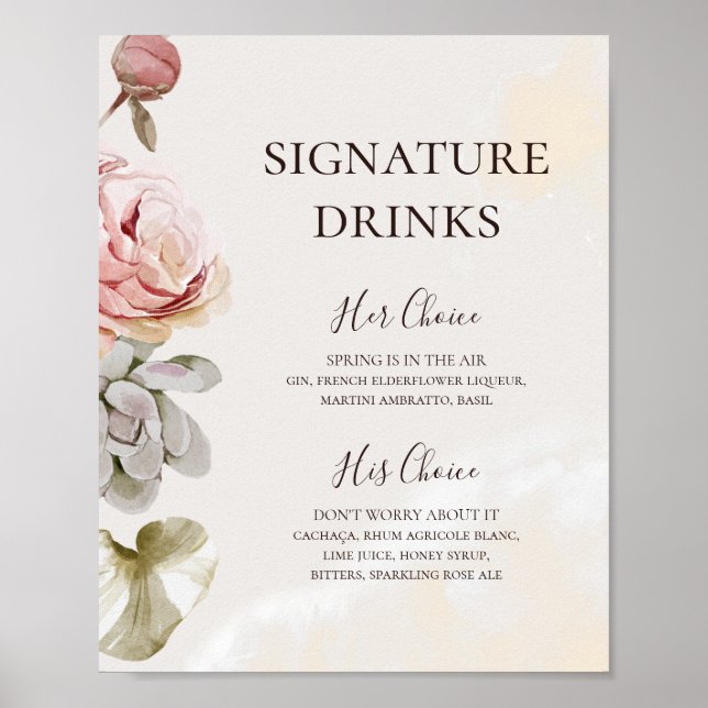 Modern Blush Floral Watercolor Signature Drinks Poster (Front)