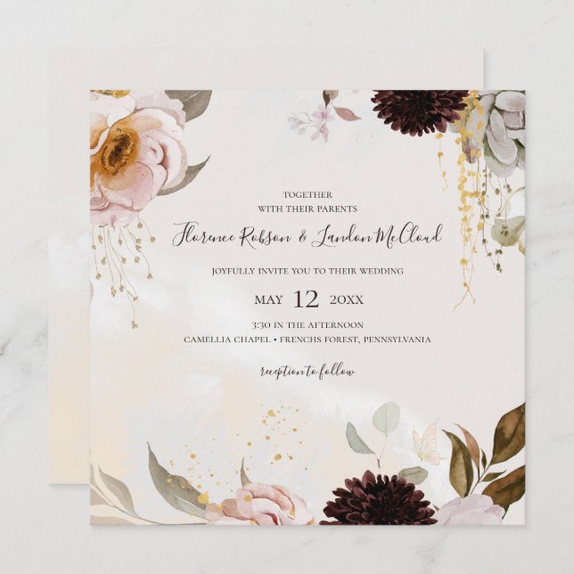 Modern Blush Floral | Watercolor Square Wedding Invitation (Front/Back)
