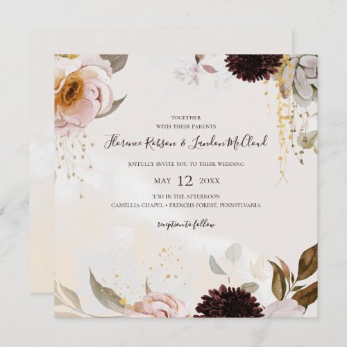 Modern Blush Floral  Watercolor Square Wedding Invitation
