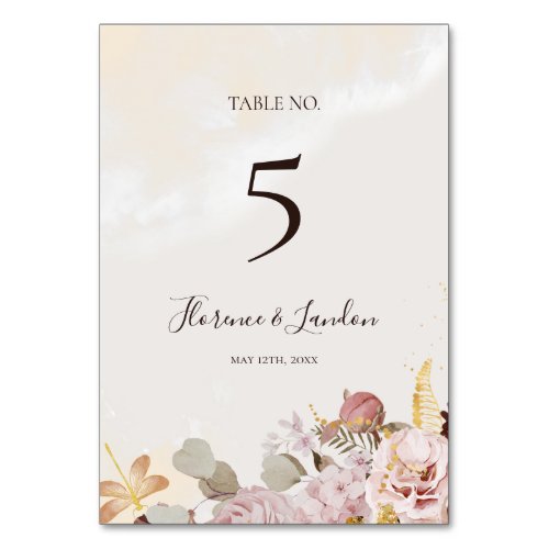 Modern Blush Floral  Watercolor Table Number