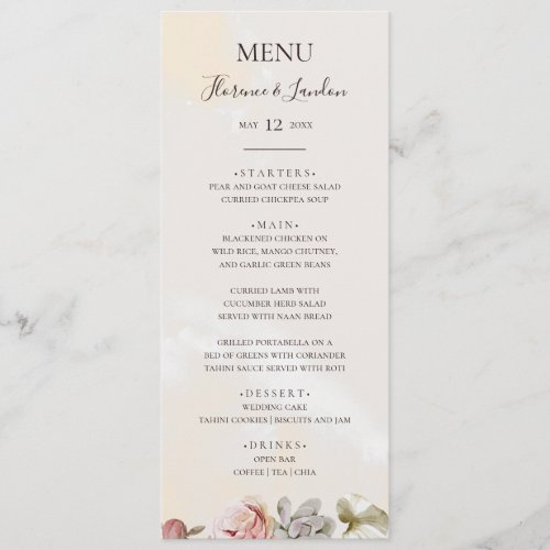 Modern Blush Floral  Watercolor Wedding Dinner Menu