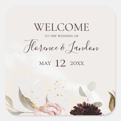 Modern Blush Floral  Watercolor Wedding Welcome Square Sticker