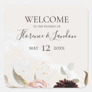 Modern Blush Floral Watercolor Wedding Welcome Square Sticker