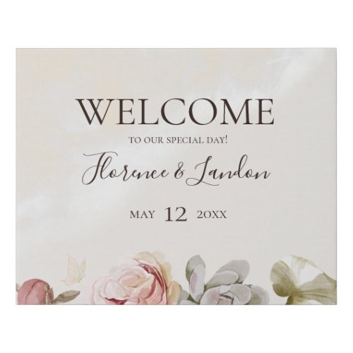 Modern Blush Floral  Watercolor Welcome Faux Canvas Print