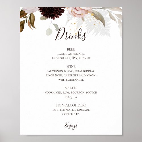 Modern Blush Floral  Wedding Drinks Menu Sign
