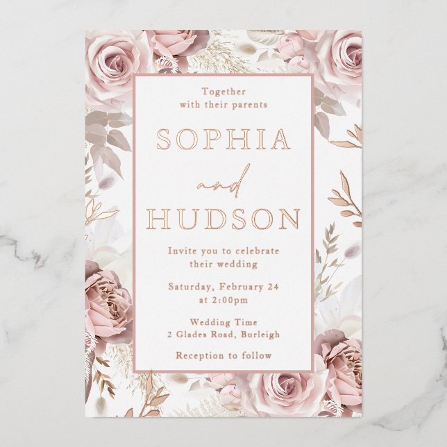 Modern Blush Floral Wedding Rose Gold Foil Invitation (Front)