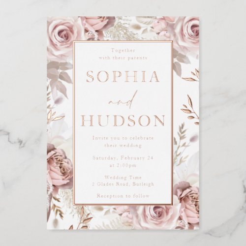 Modern Blush Floral Wedding Rose Gold Foil Invitation