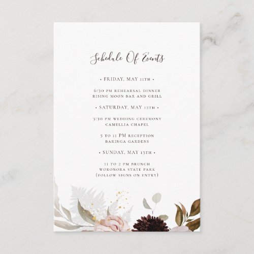 Modern Blush Floral  Wedding Schedule of Events Enclosure Card