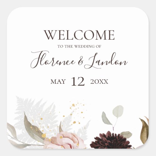 Modern Blush Floral  Wedding Welcome Square Sticker
