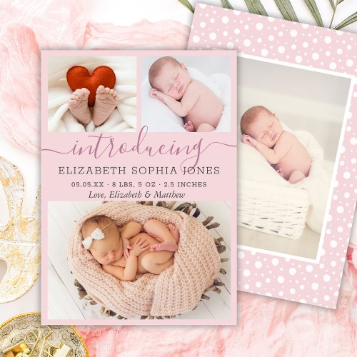 Modern Blush Girl Birth Announcement Photo Collage