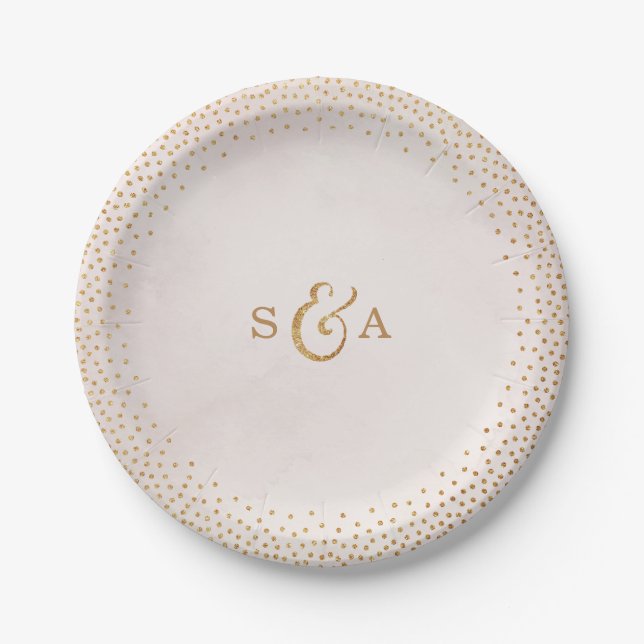 Modern blush glitter rose gold wedding monogram paper plates (Front)