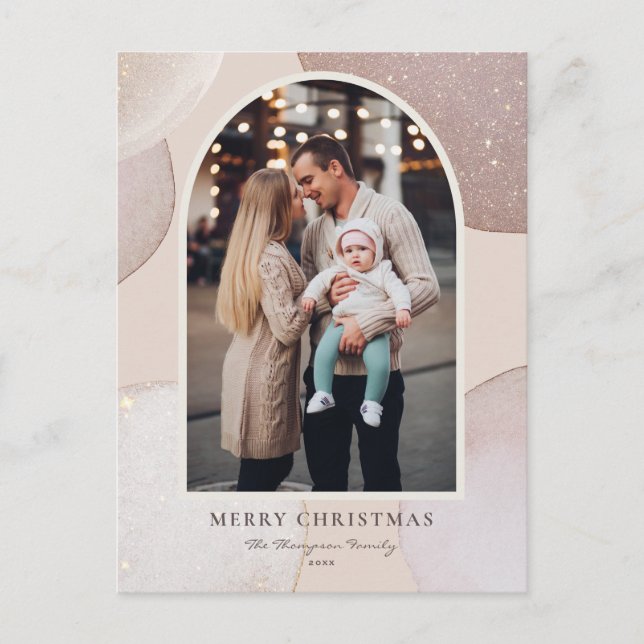Modern Blush Glitter Shapes Merry Christmas Photo Holiday Postcard (Front)