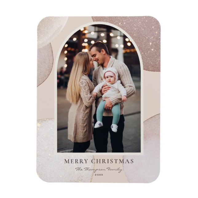 Modern Blush Glitter Shapes Merry Christmas Photo Magnet (Vertical)