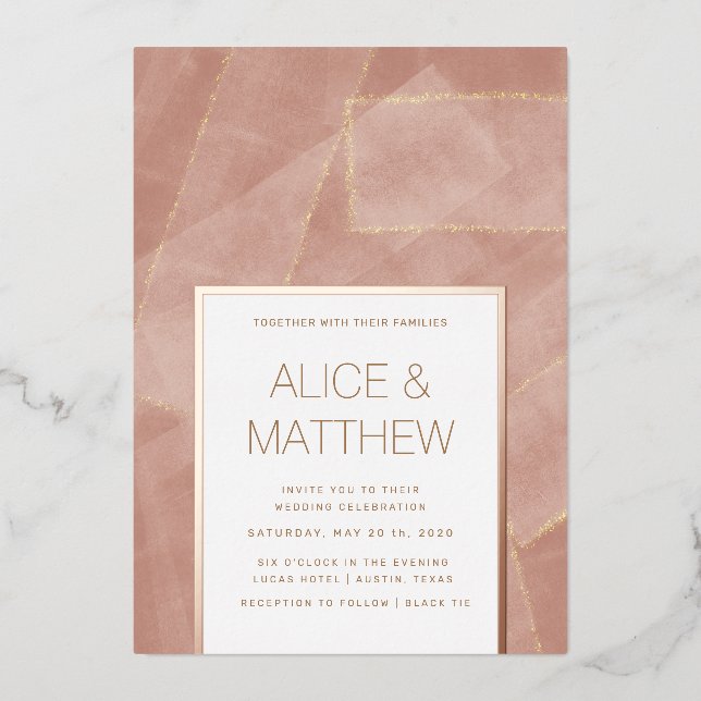 modern blush gold abstract wedding foil invitation (Front)