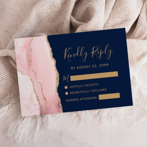 Modern Blush Gold Agate Navy Blue Wedding RSVP Card