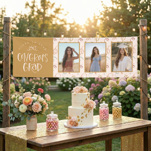 Modern Blush Gold Confetti 3 Photo Graduation Banner