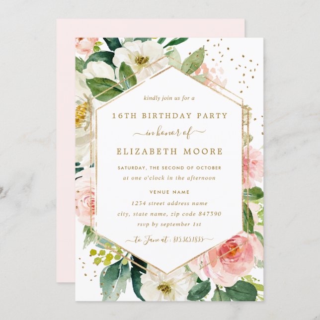 Modern Blush Gold Floral 16th Birthday Invitation (Front/Back)