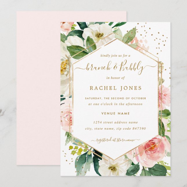 Modern Blush Gold Floral Brunch And Bubbly Invitation (Front/Back)