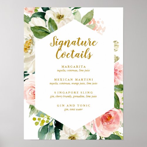 Modern Blush Gold Floral Signature Cocktail Menu Poster