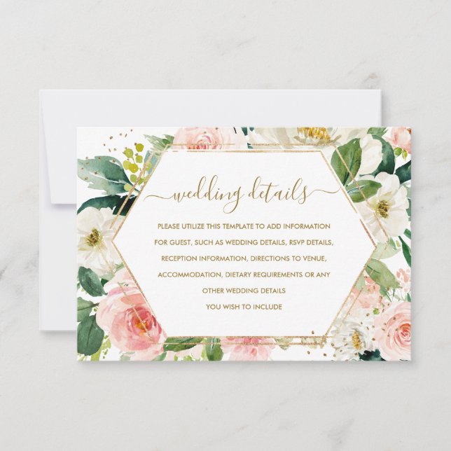 Modern Blush Gold Floral Wedding Details Card (Front)