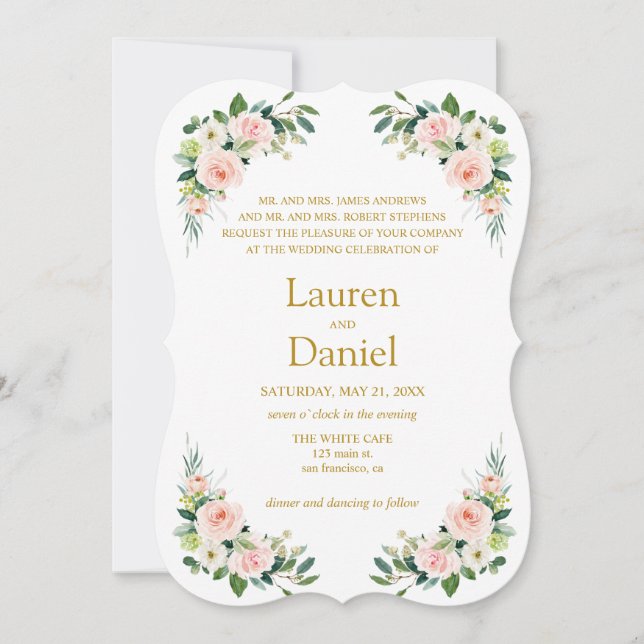 Modern Blush  Gold Flowers classic wording wedding Invitation (Front)