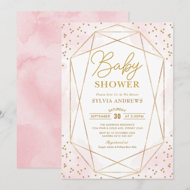 Modern Blush Gold Geometric Confetti Baby Shower Invitation (Front/Back)