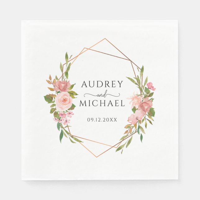 Modern Blush Golden Frame Floral Wedding  Napkins (Front)