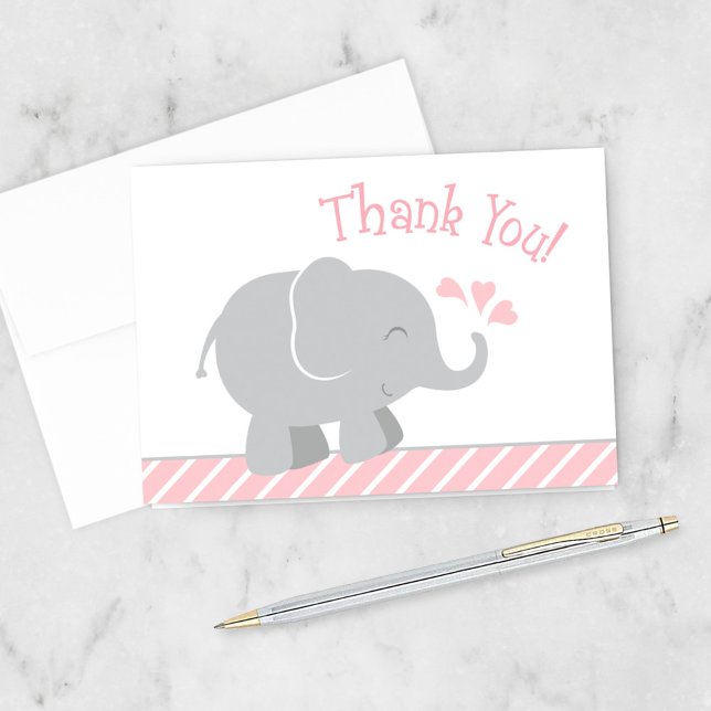 Modern Blush Gray Elephant Baby Girl Shower Thank You Card (Creator Uploaded)