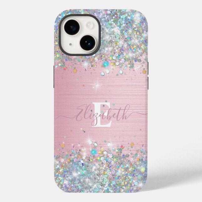 Modern Blush Holographic Faux Glitter Monogram Case-Mate iPhone Case (Back)