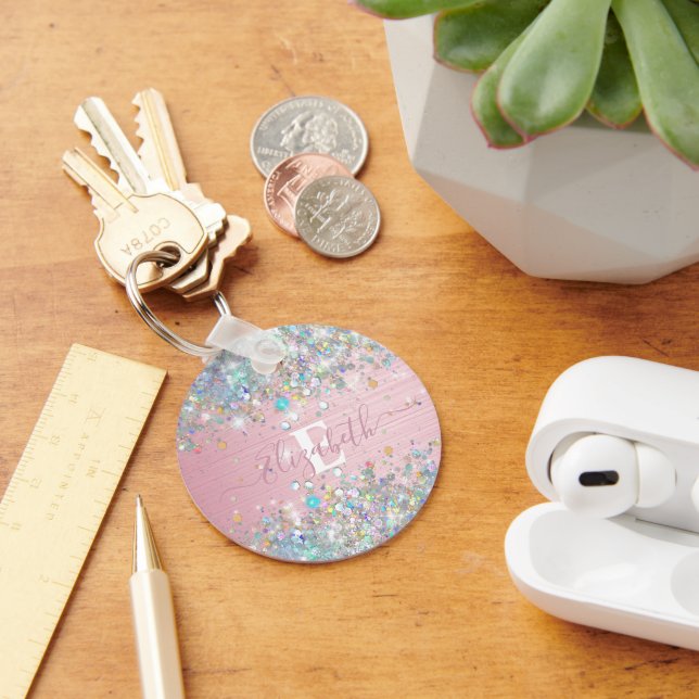 Modern Blush Holographic Faux Glitter Monogram Keychain (Desk)