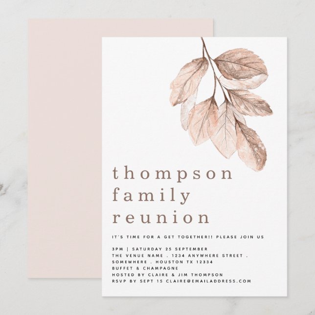 Modern Blush Leaves Family Reunion Party Invitation (Front/Back)