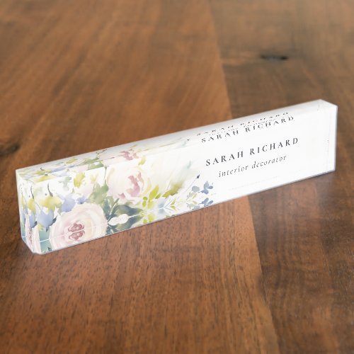 Modern Blush Lilac Watercolor Rose Floral Bunch Desk Name Plate