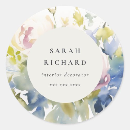 Modern Blush Lilac Watercolor Rose Floral Business Classic Round Sticker