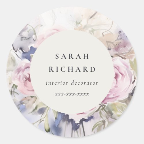Modern Blush Lilac Watercolor Rose Floral Business Classic Round Sticker