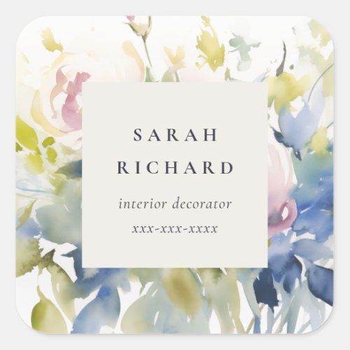 Modern Blush Lilac Watercolor Rose Floral Business Square Sticker